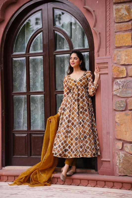 Cool Cloth Present Fashionable Organza Mustard Color Anarkali Gown