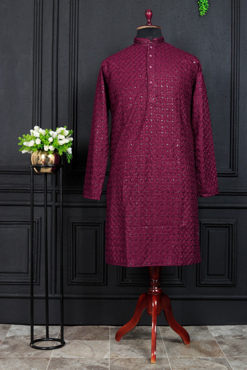 COOL CLOTH Present The  Men's Kurta With Sequence Multi Work (Magenta)