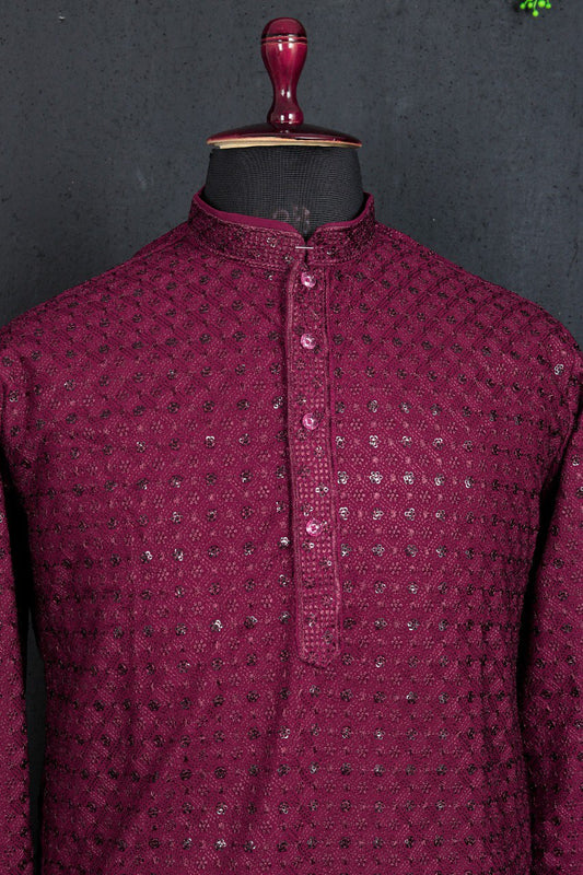 COOL CLOTH Present The  Men's Kurta With Sequence Multi Work (Magenta)