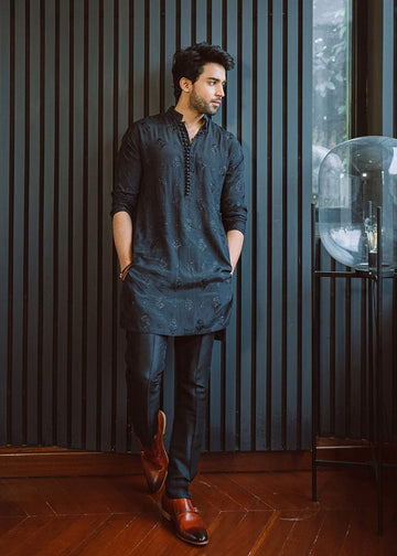 CELEBRITY MEN'S DESIGNER EMBRODRY BLACK KURTA ONLY