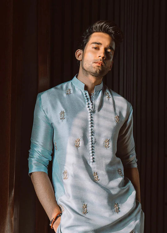 CELEBRITY MEN'S DESIGNER EMBRODRY ICEBLUE KURTA