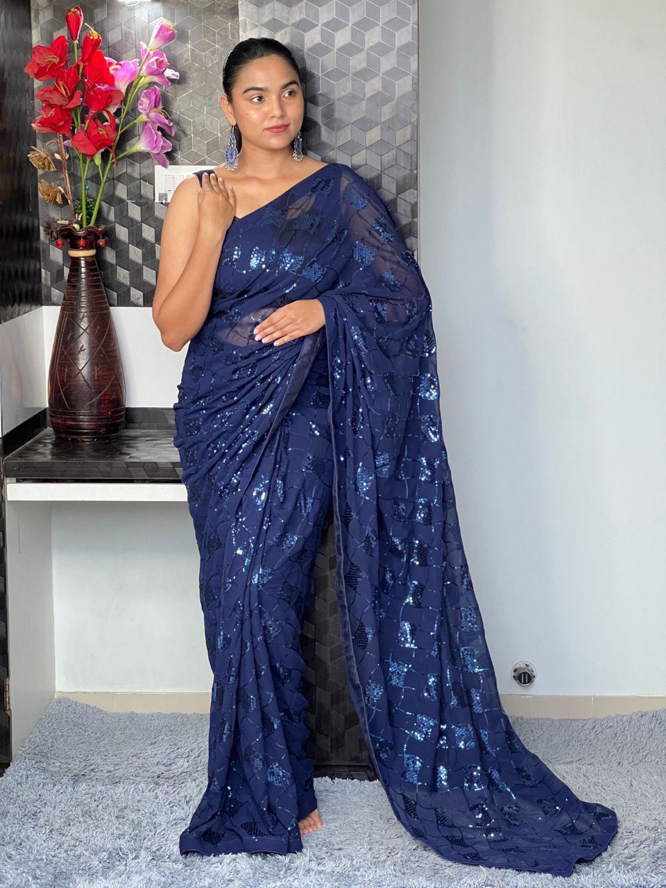 Blue Sequence  Work Sarees With Fancy Fabric