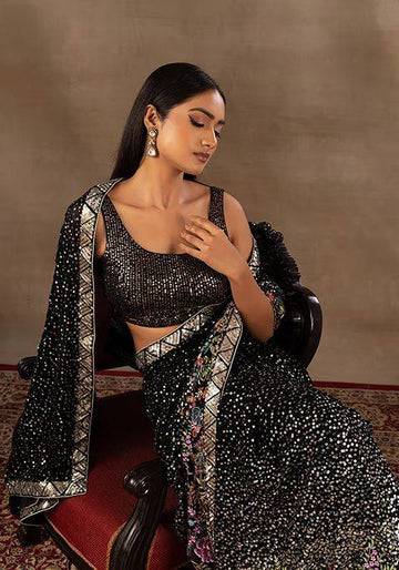 Black Flower Color Sequence Mirror Work Sarees (Black)