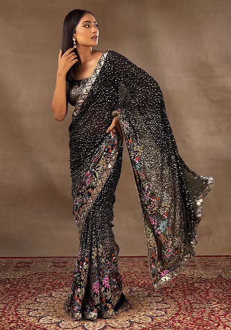 Black Flower Color Sequence Mirror Work Sarees (Black)