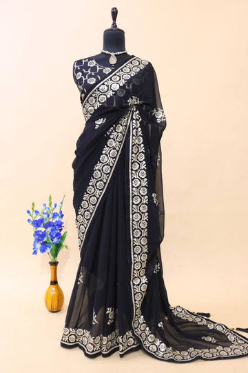 Black 3 mm Sequence work with back patch saree