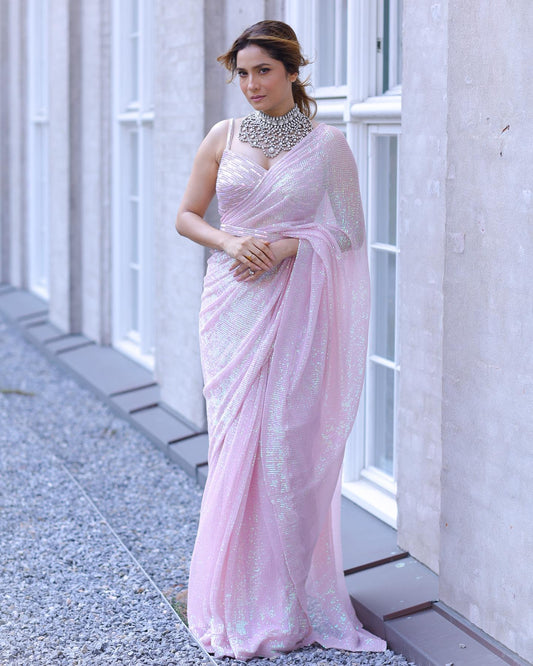 Baby pink Ankita Lokhnde Fancy heavy sequence Saree with Blouse Piece